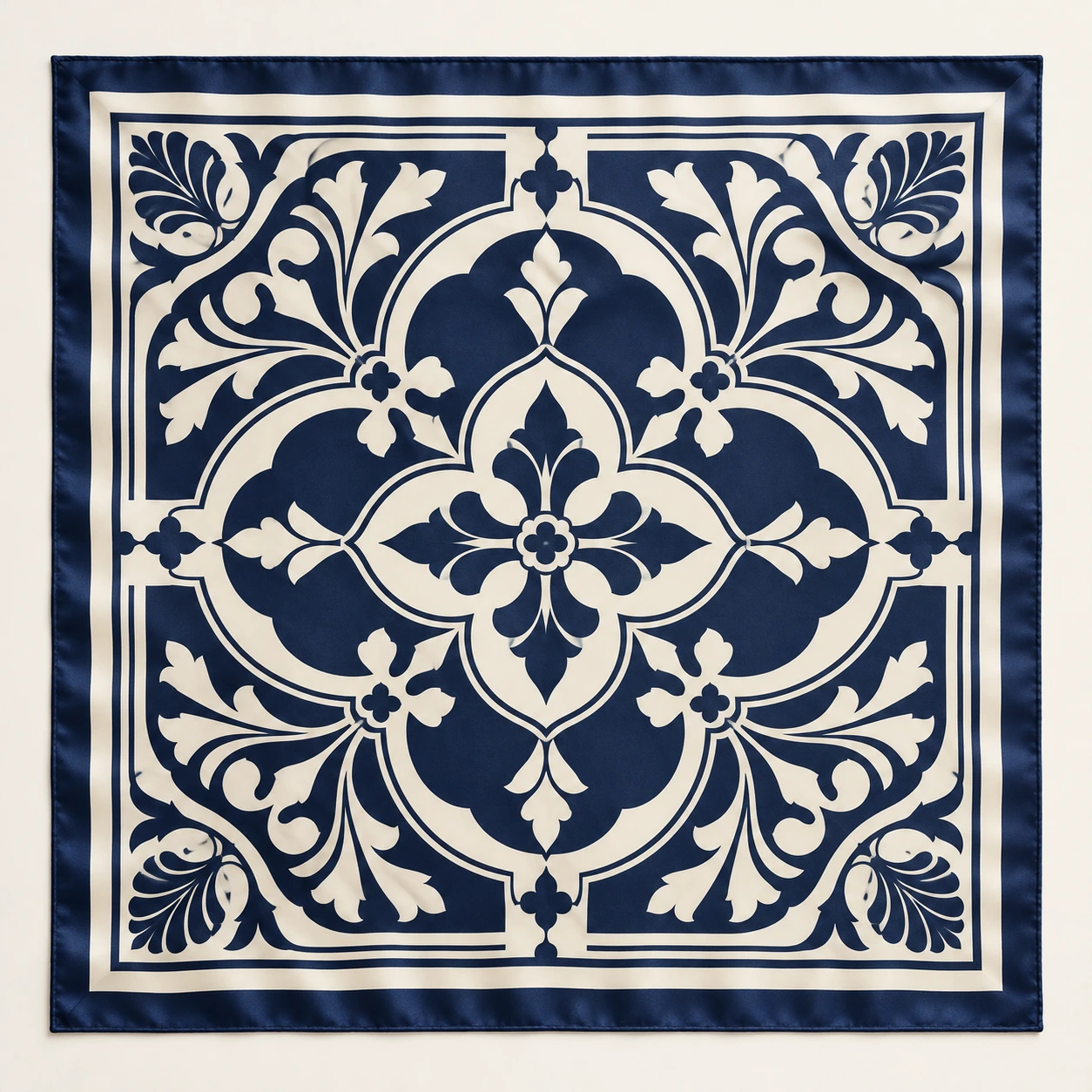 Navy and ivory ornamental geometry silk square scarf
