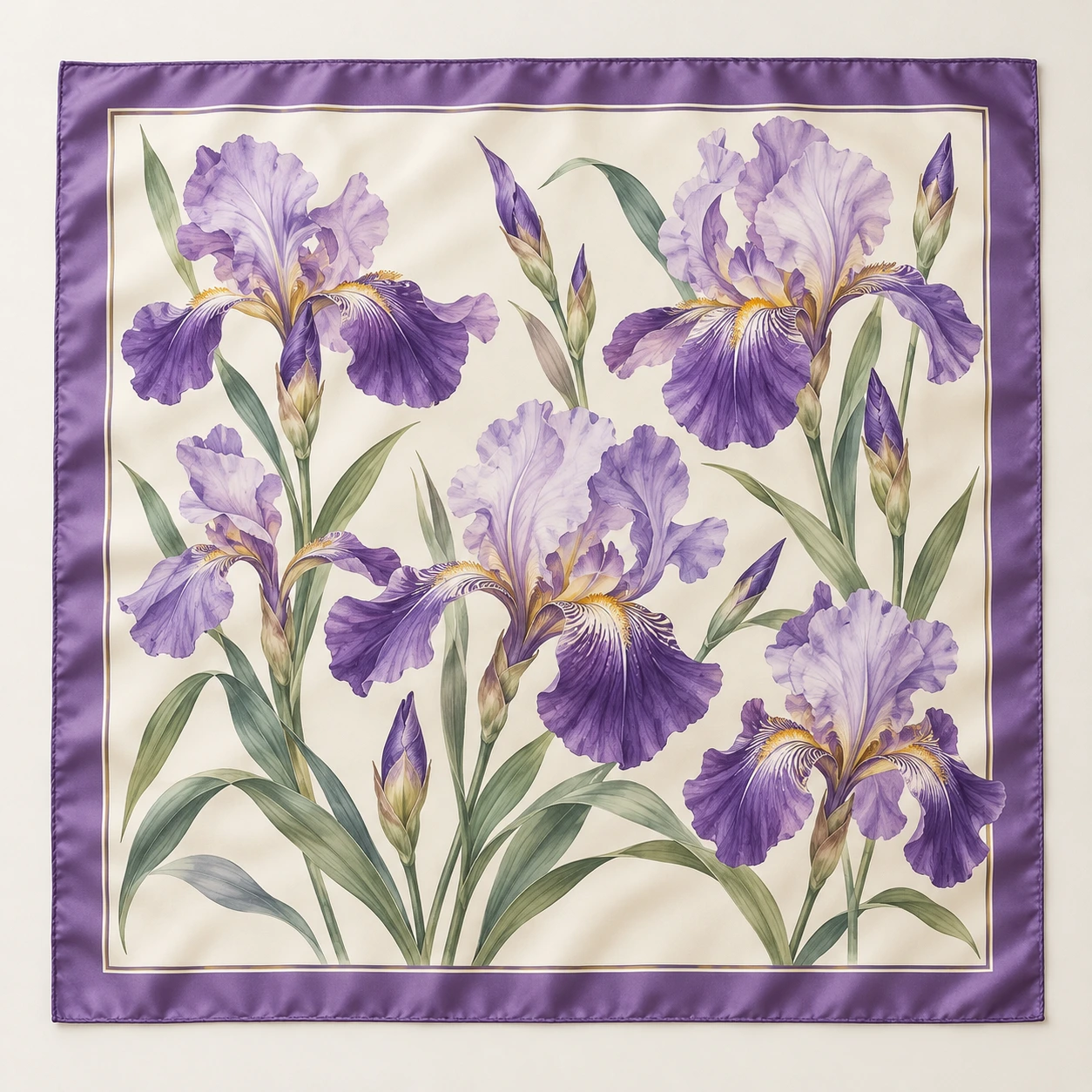 Ivory with lavender irises and a purple border silk scarf, full print