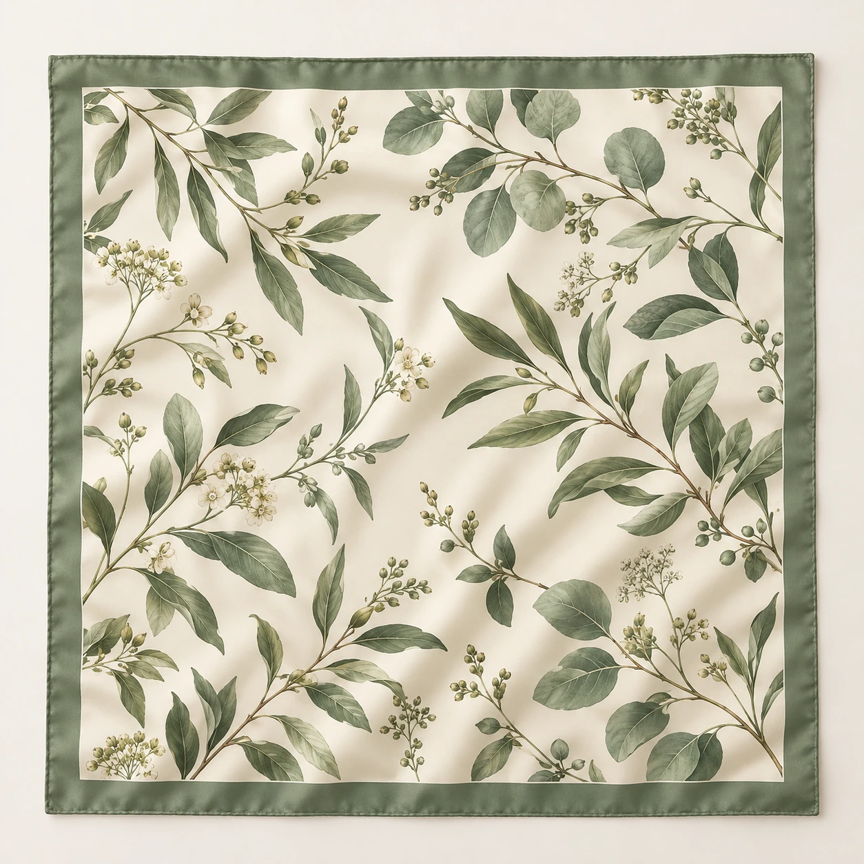 Ivory with sage botanical sprigs and a fine frame silk square scarf
