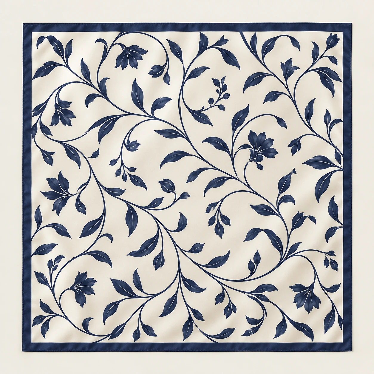 Warm white with navy vine curves silk square scarf