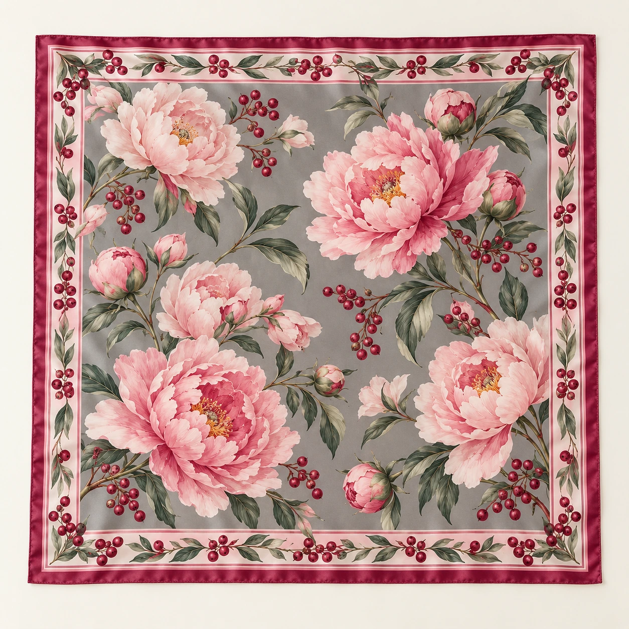 Mist grey with pink peonies and a berry border silk square scarf