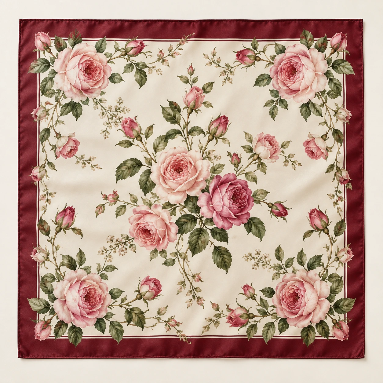 Cream with soft pink roses and a burgundy border silk square scarf