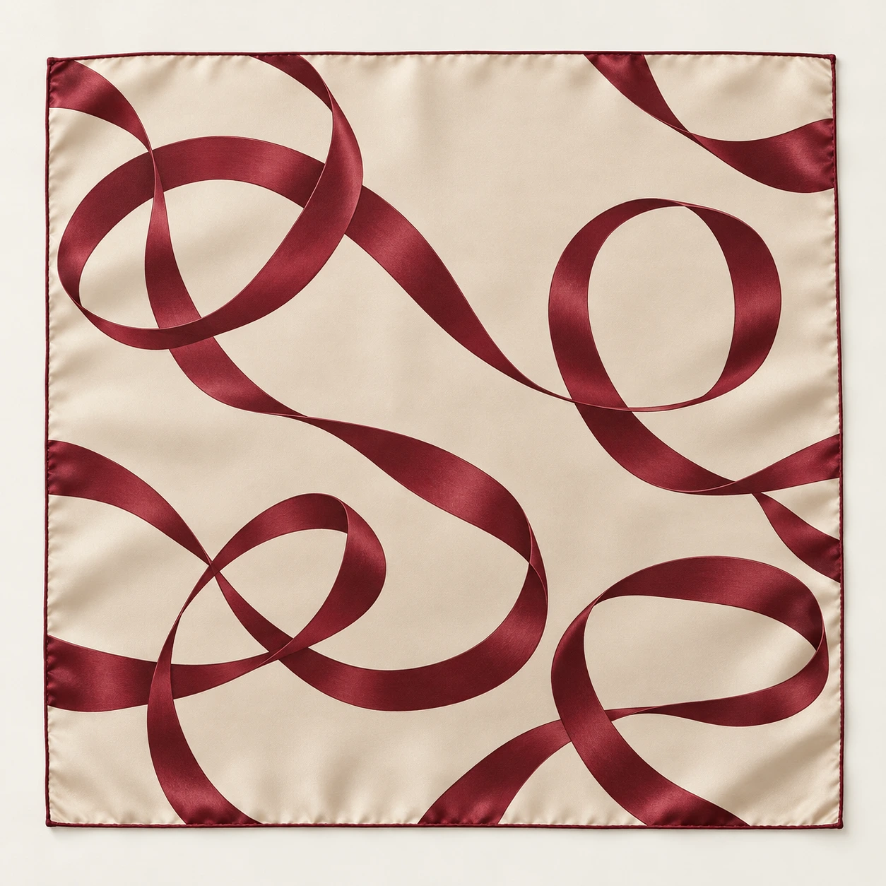 Beige with burgundy ribbon lines silk square scarf