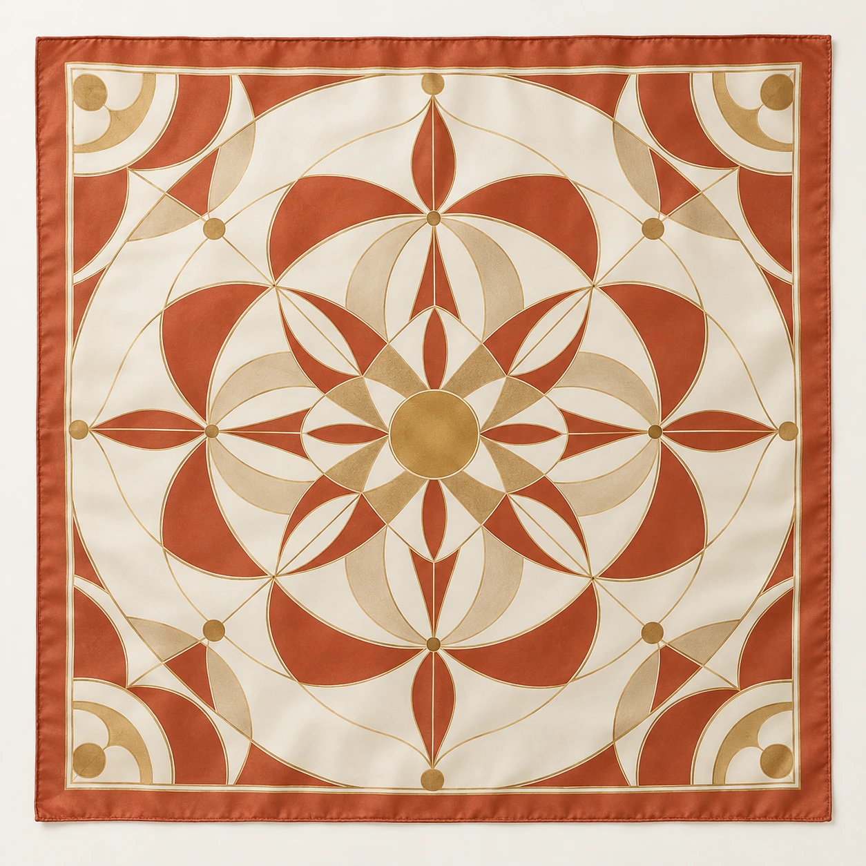 Cream, terracotta and muted gold radial geometry silk square scarf